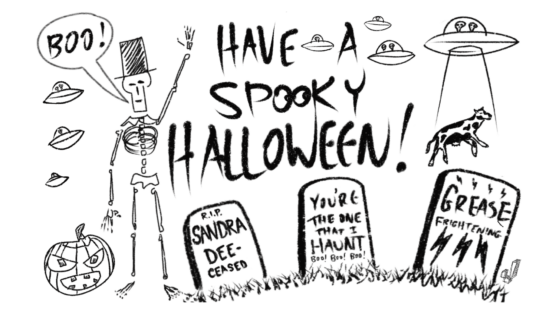 Have A Spooky Halloween drawing with skeleton, gravestones and aliens